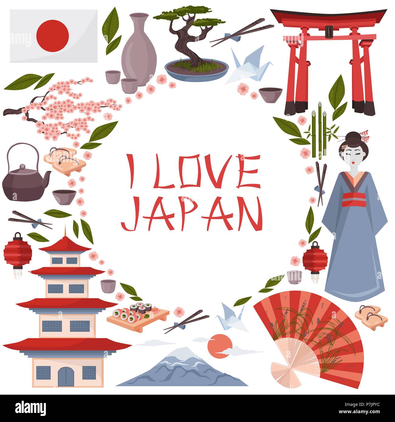Io amo il Giappone poster. I simboli giapponesi illustrazione vettoriale isolato su bianco. Icone colorate del Giappone cultura nella composizione del cerchio con il testo. Geisha, F Illustrazione Vettoriale