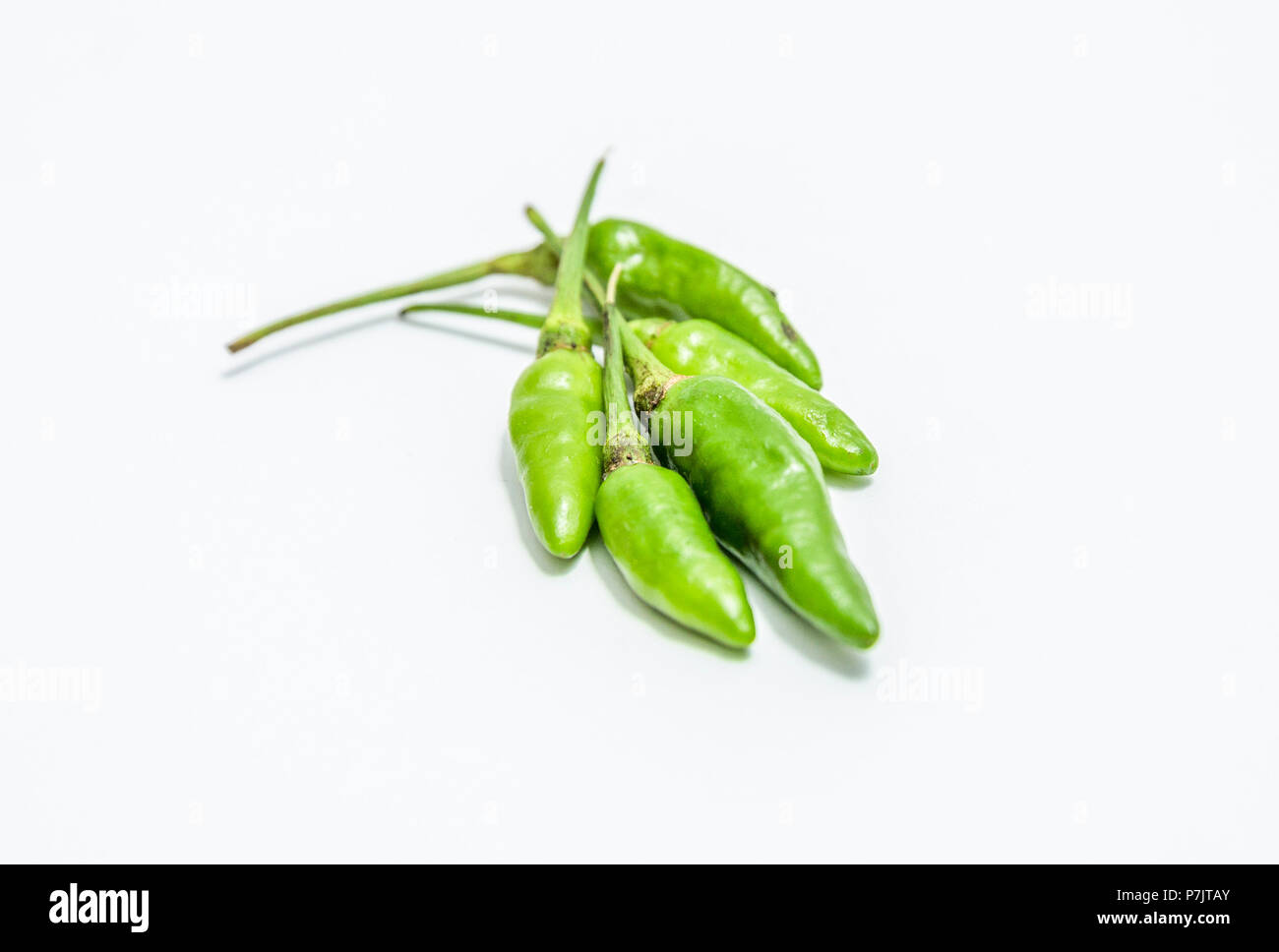 Verde d'uccello chili in sfondo bianco Foto Stock