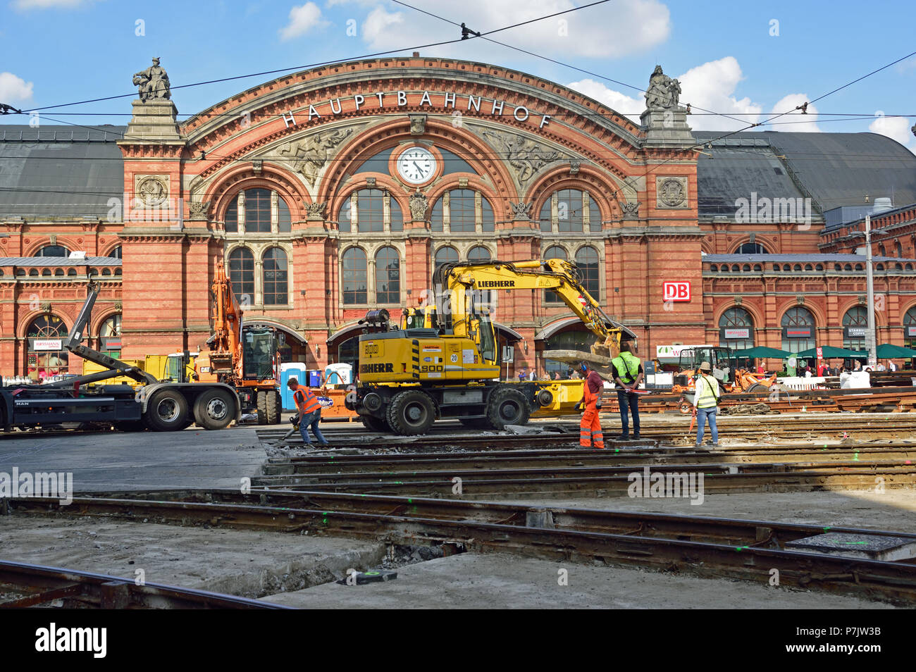 Germania, Brema, ingegneria, traffico, tram, via costruzione, ingegneria civile, rinnovo delle rotaie, giunzioni e interruttori nella parte anteriore del "Hauptbahnhof" (stazione principale), cortile, Foto Stock