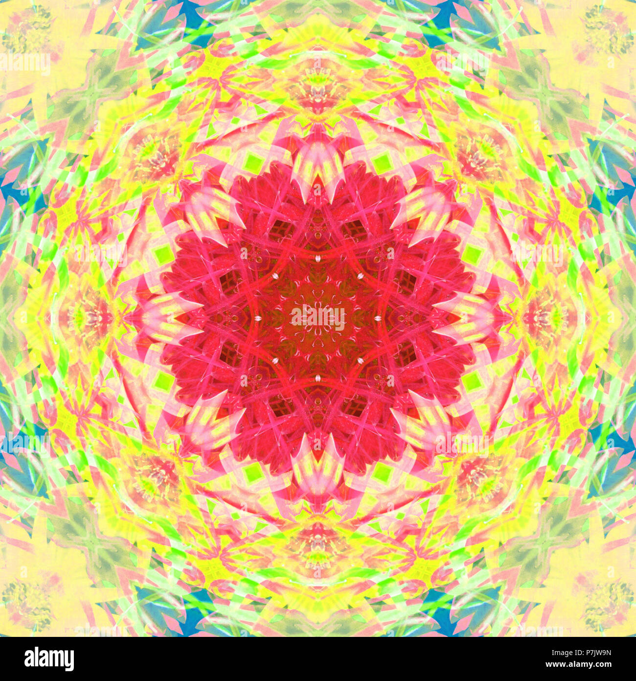 Fiore fotografico mandala, rosso, giallo, verde, blu Foto Stock