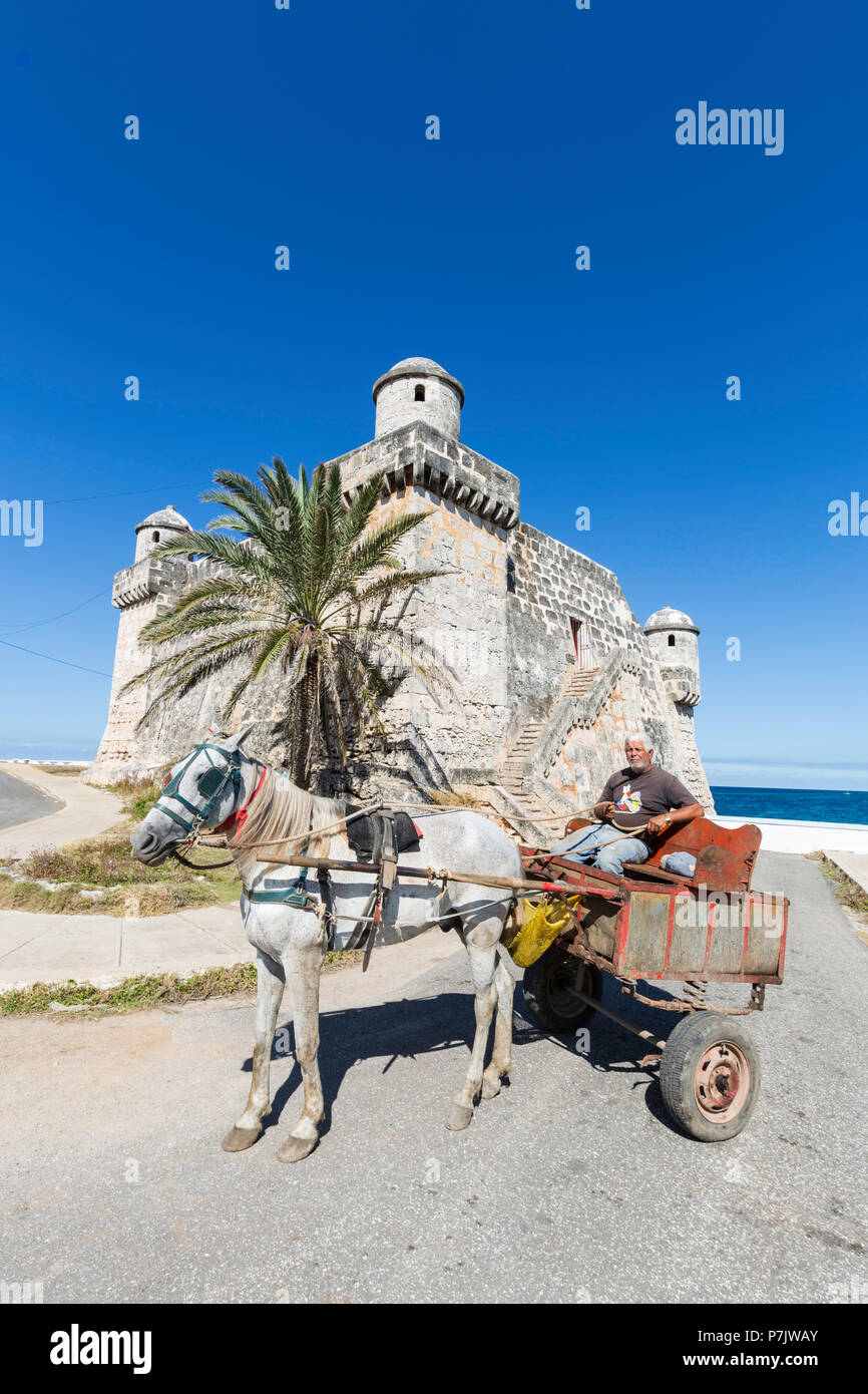 Il vecchio uomo e carrozza trainata da cavalli nella Coji-mar, Cuba Foto Stock