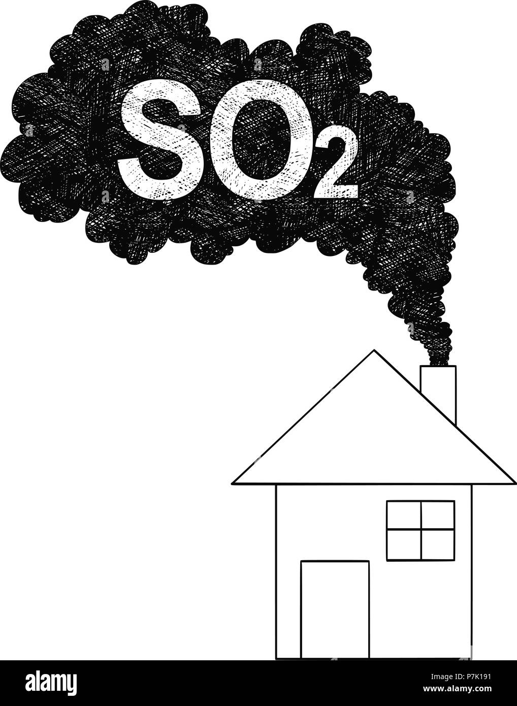 Vettore di disegno artistico illustrazione di fumo proveniente dal camino di casa, biossido di zolfo o SO2 Inquinamento atmosferico concetto Illustrazione Vettoriale