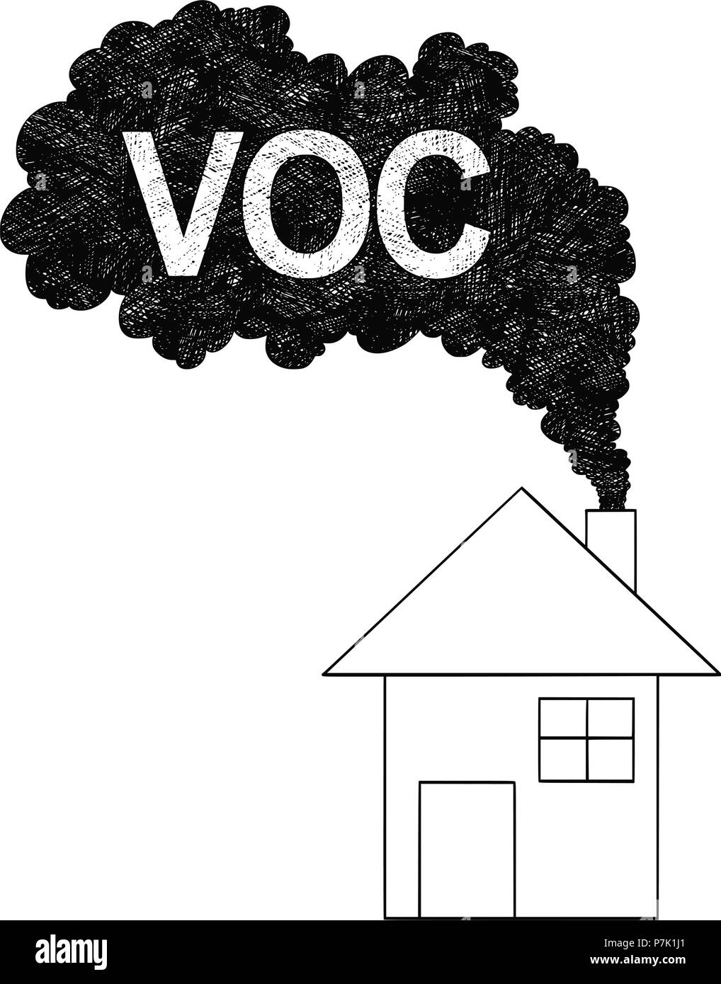 Vettore di disegno artistico illustrazione di fumo proveniente dal camino di casa, VOC o un composto organico volatile Inquinamento atmosferico concetto Illustrazione Vettoriale