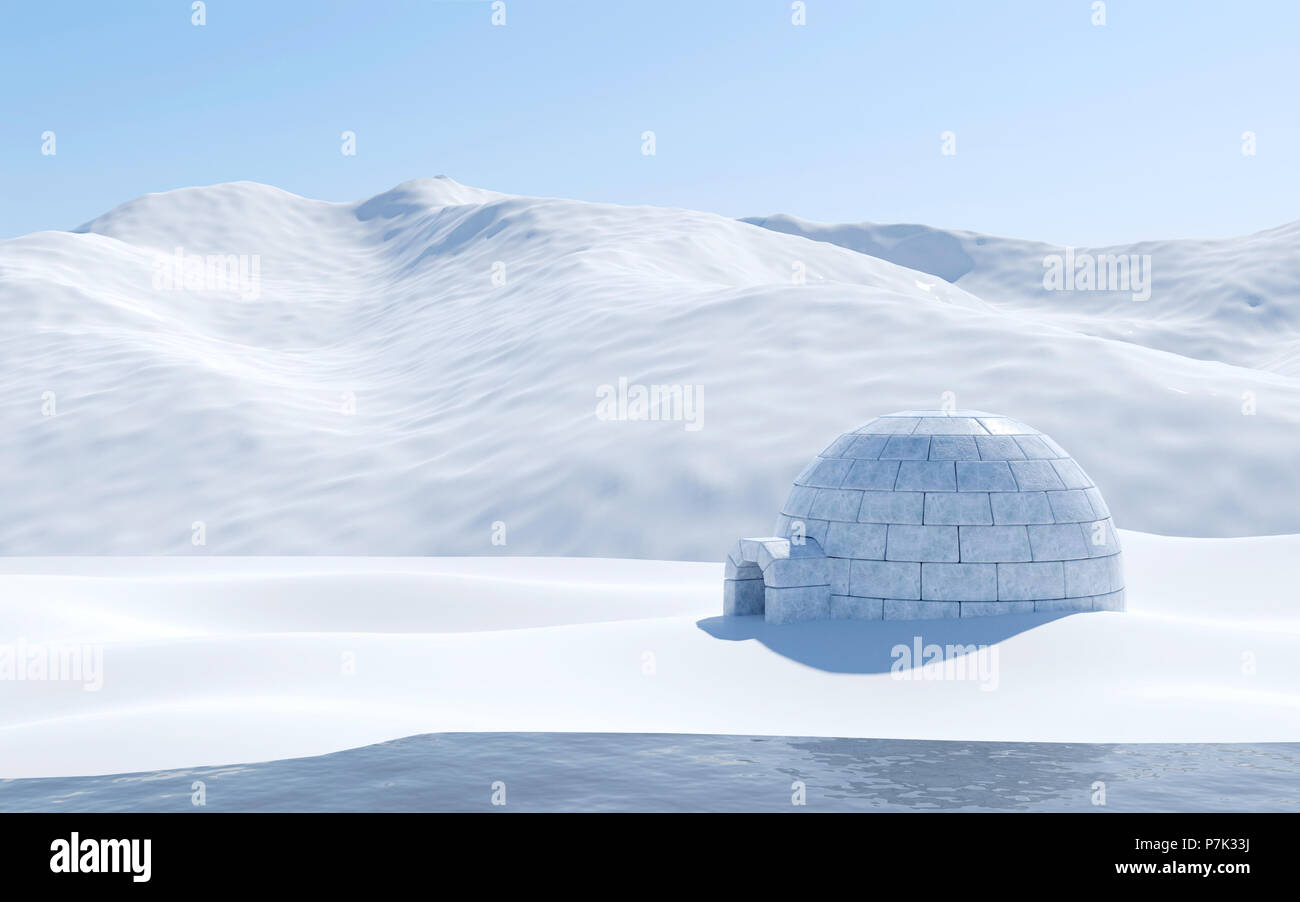 Igloo isolato in snowfield con la montagna innevata, Arctic scena di paesaggio Foto Stock