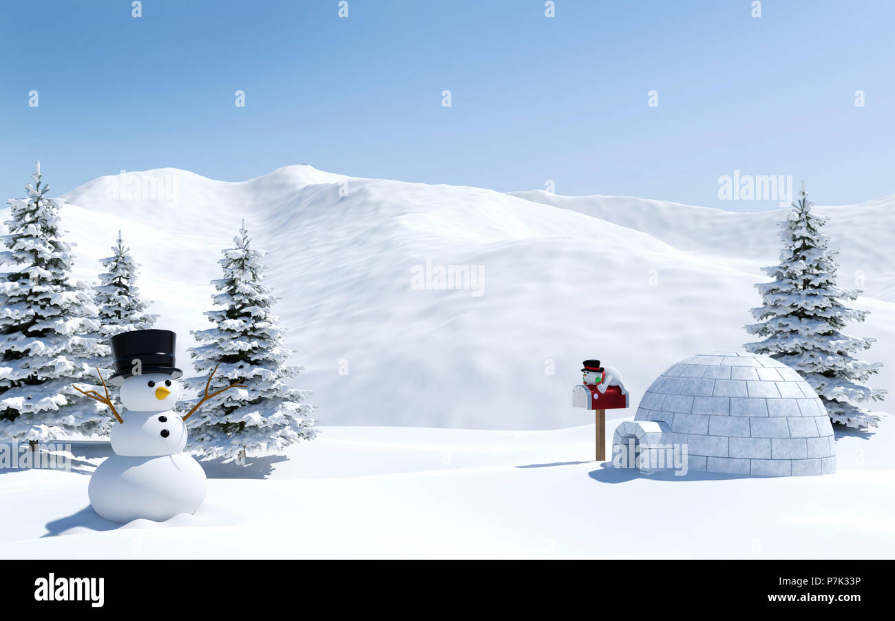Paesaggio artico, campo di neve con igloo e pupazzi di neve in vacanze di  Natale, polo nord Foto stock - Alamy