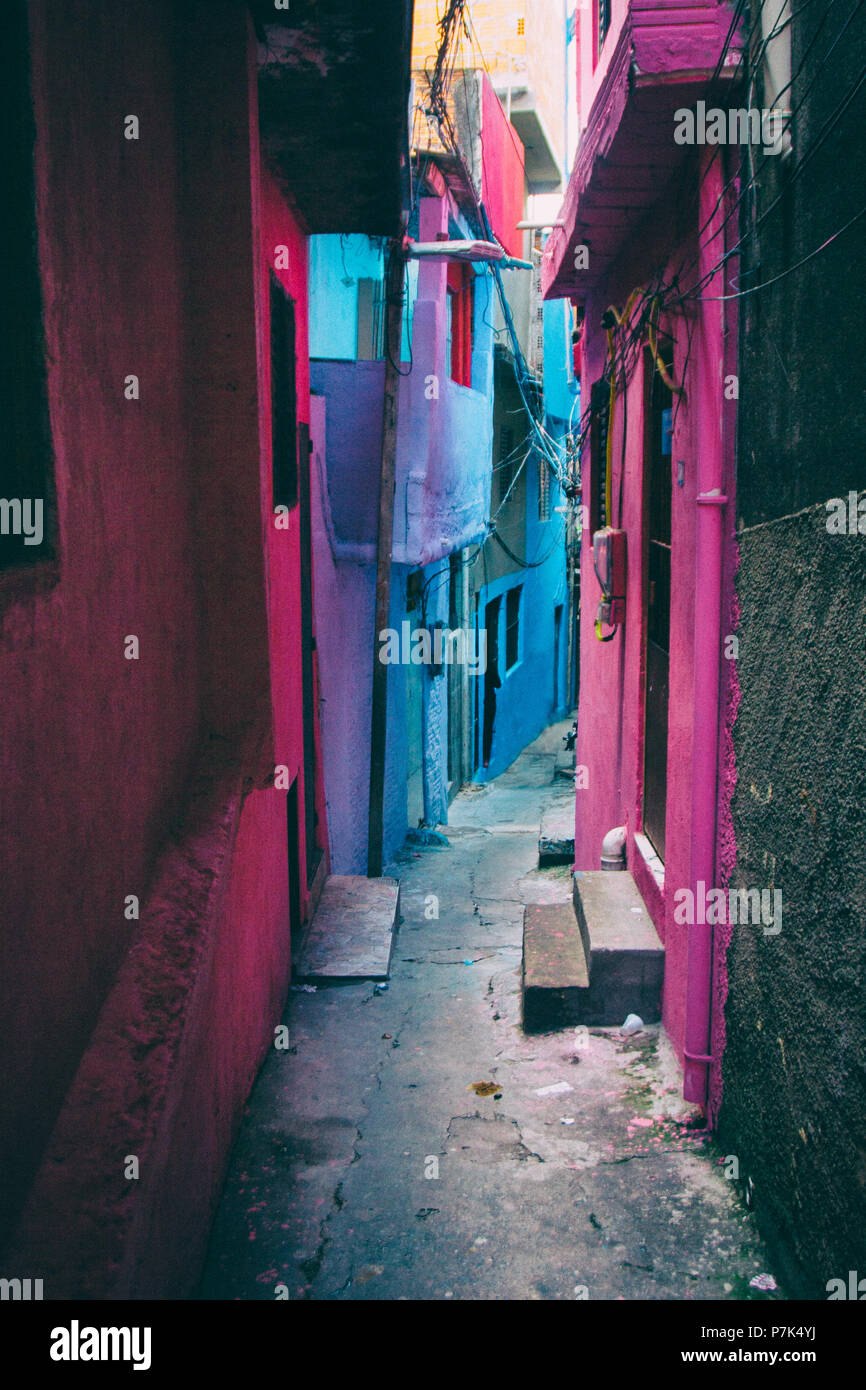 Un vicolo con case in Heliopolis, il più grande favela di San Paolo del Brasile, colorato in blu, rosa, viola e grigio. Foto Stock