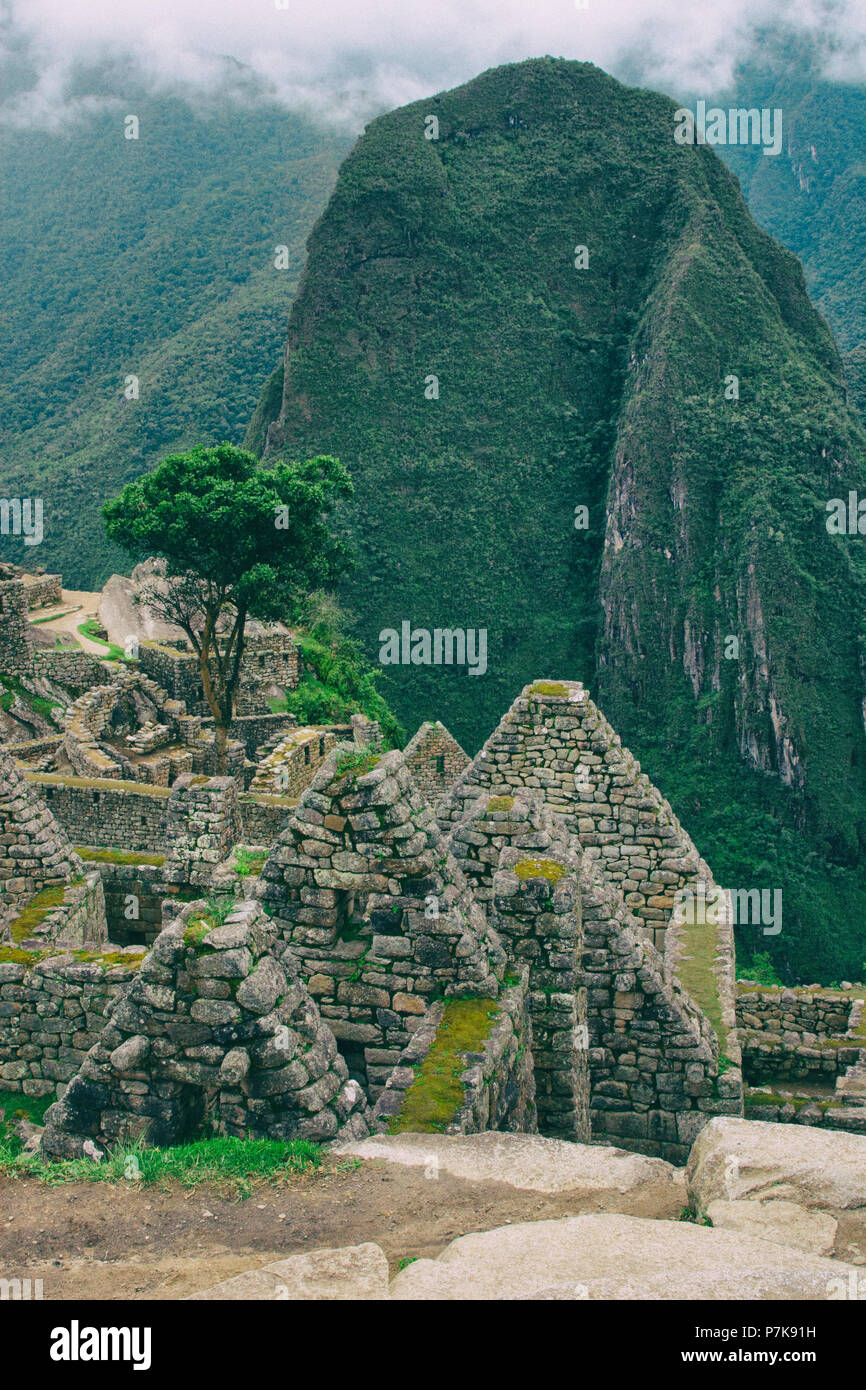 Vista verticale del Machu Picchu ruderi di pietra perso nella natura selvaggia delle montagne delle Ande. Il Perù. Sud America. N. persone. Foto Stock