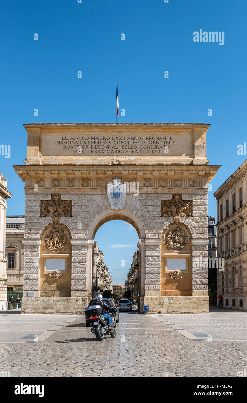 Montpellier, Herault, Francia Arc de Triomphe Porte du Peyrou, Regione Languedoc-Roussillon Foto Stock