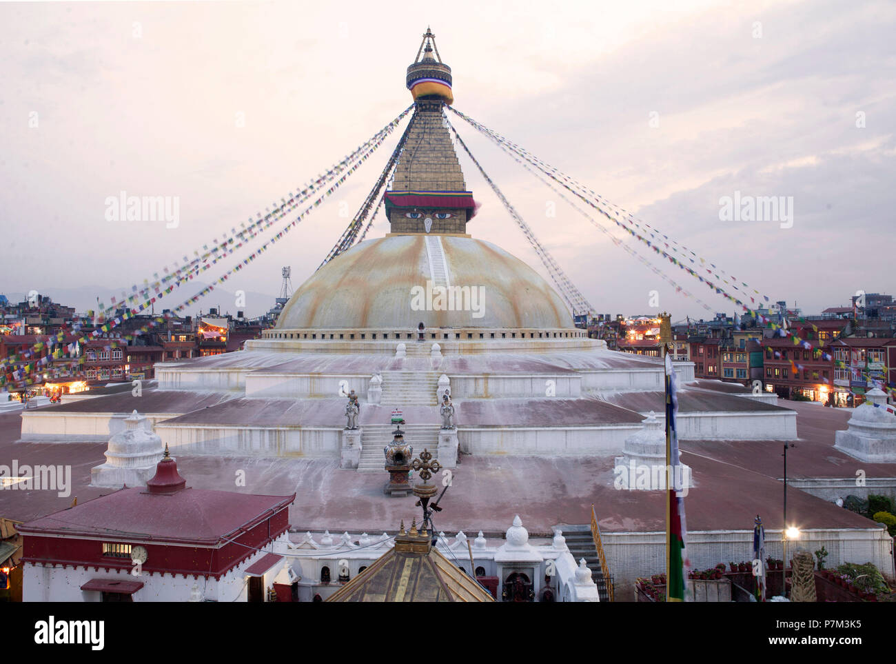 Tempio motivi Stupa Bodnath, Kathmandu, Nepal Foto Stock