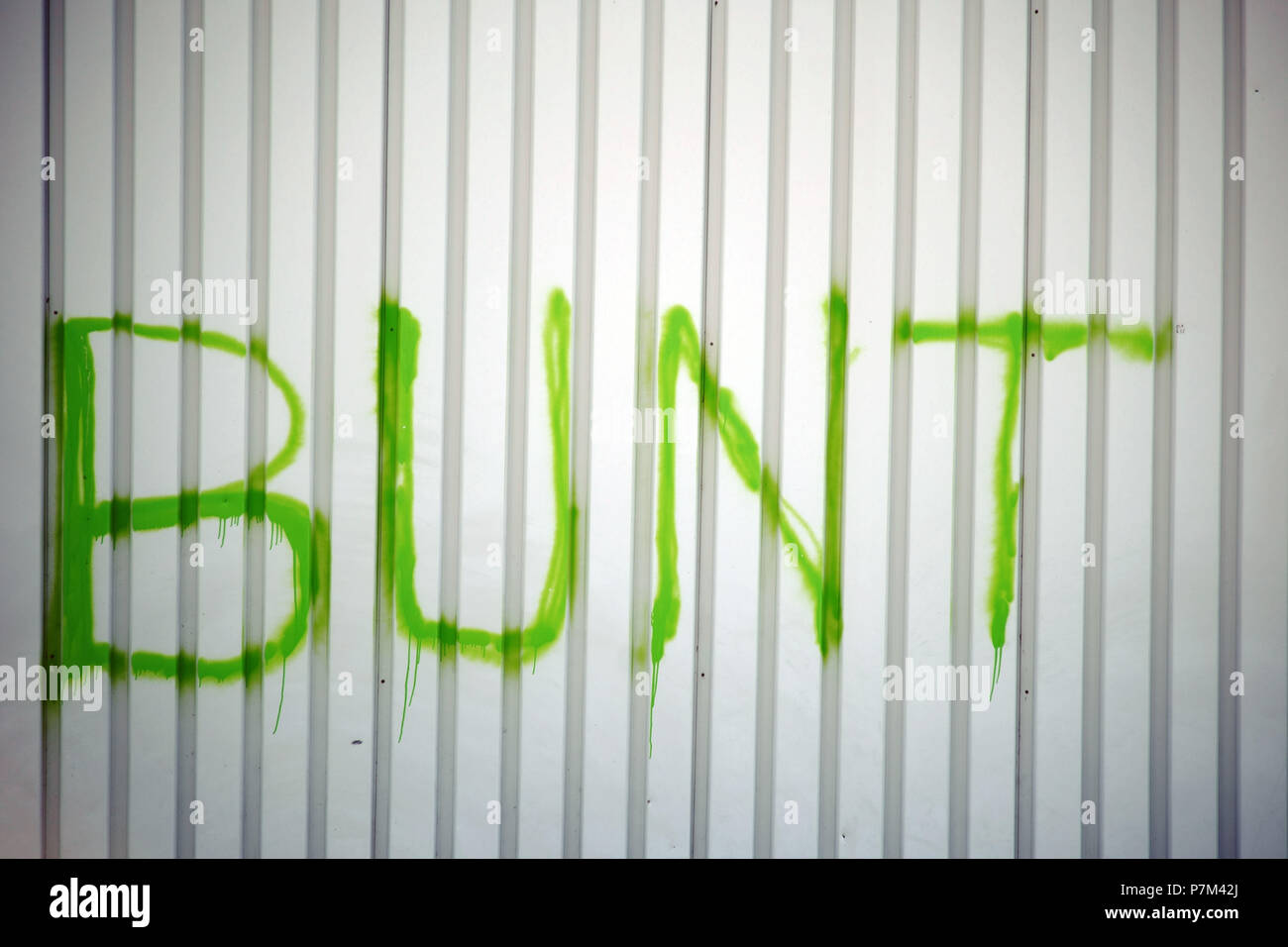 Dettaglio di un ferro corrugato facciata dipinta con la parola 'bunt'. Foto Stock