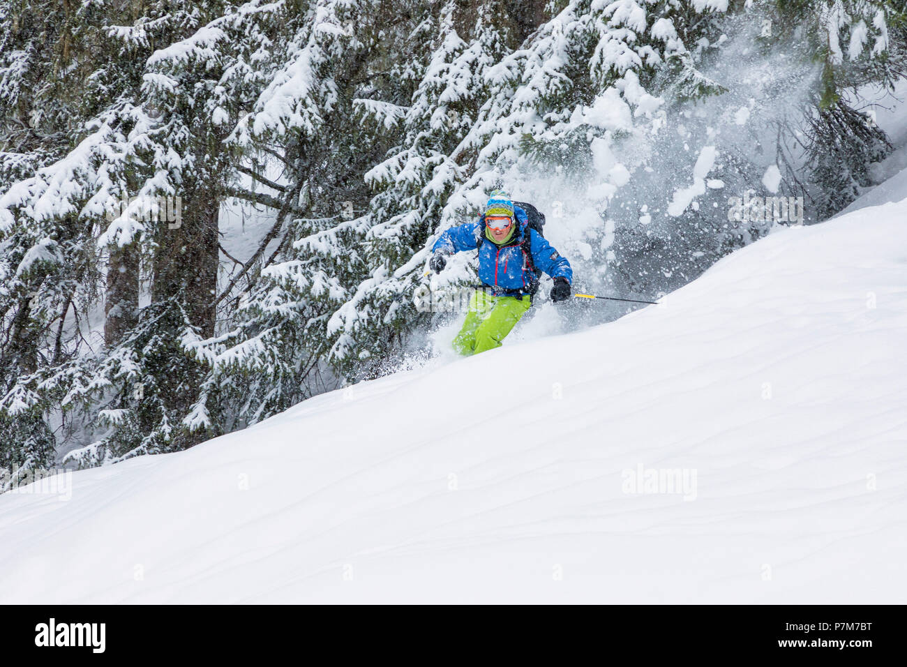 Sciatore freeride in Valle d'Aosta, Rhemes-Notre-Dame, la Valle di Rhemes, provincia di Aosta, Valle d'Aosta, Italia, Europa Foto Stock