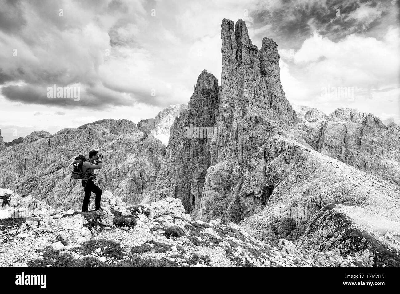 Le Torri del Vajolet, Dolomiti Catinaccio (Catinaccio) gruppo, Trentino Alto Adige, Italia, Europa Foto Stock