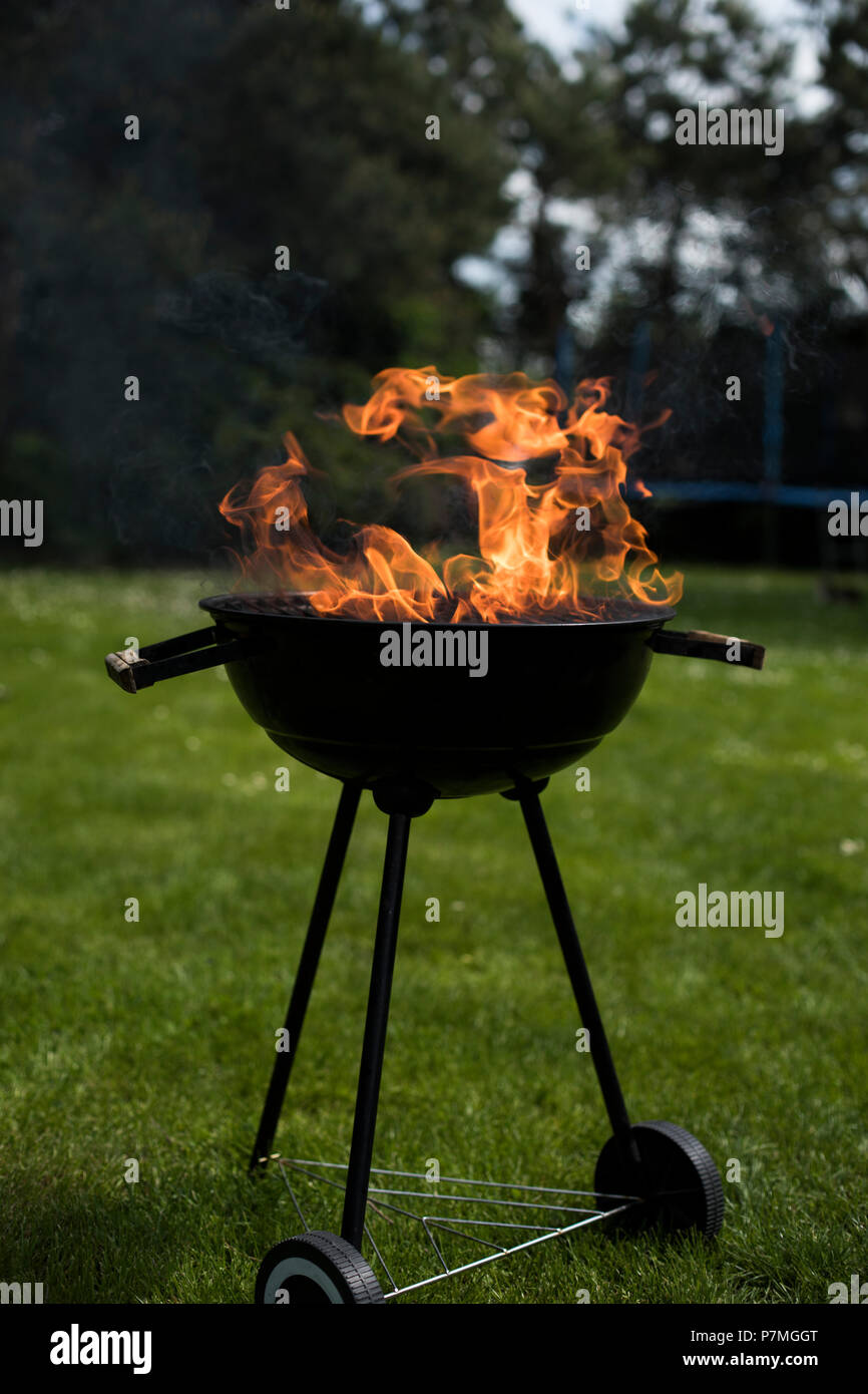 Grill sul giardino, barbecue e sfondo antincendio Foto Stock