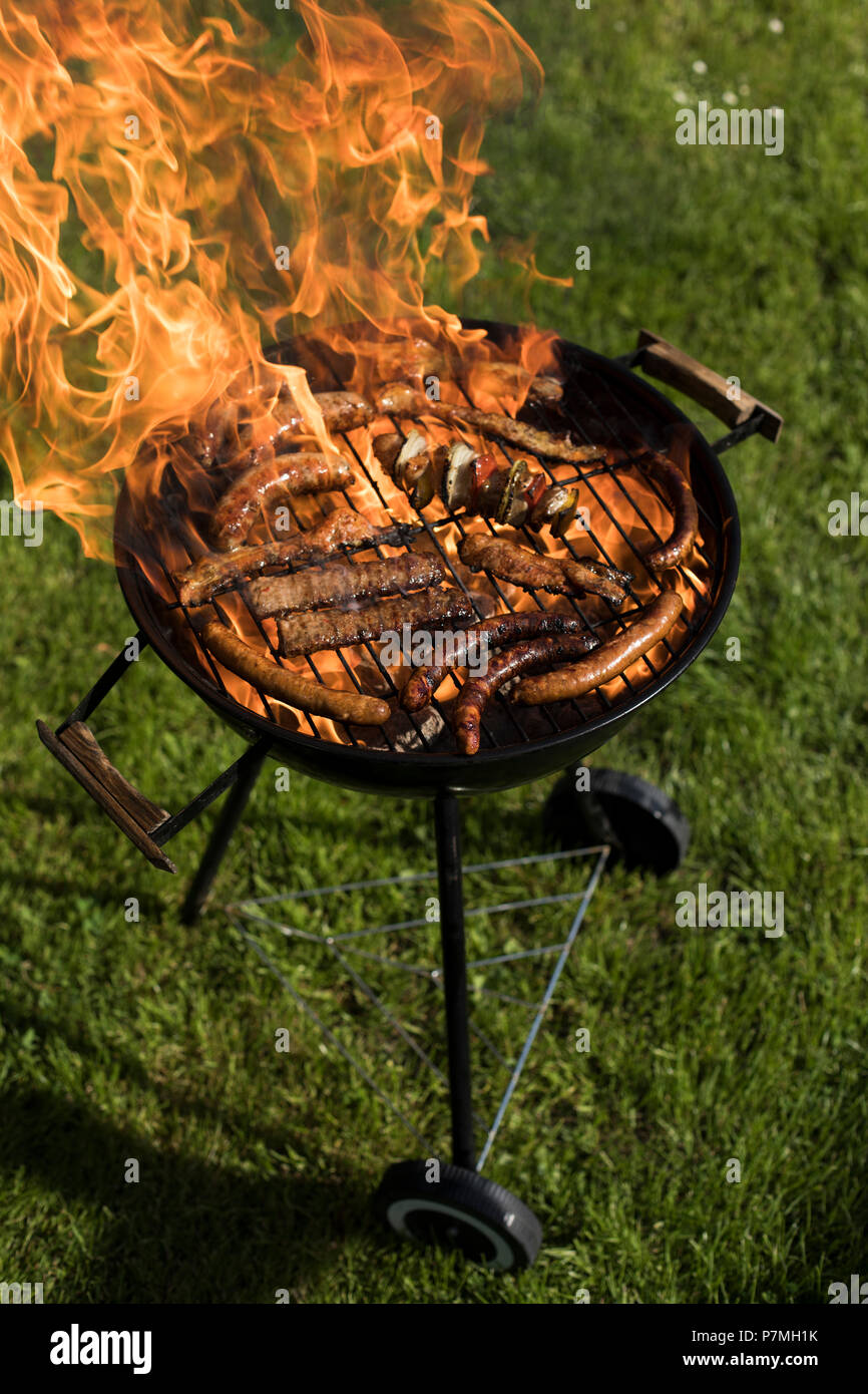 Un assortimento di carni alla griglia su un barbecue estivo, concetto BBQ Foto Stock
