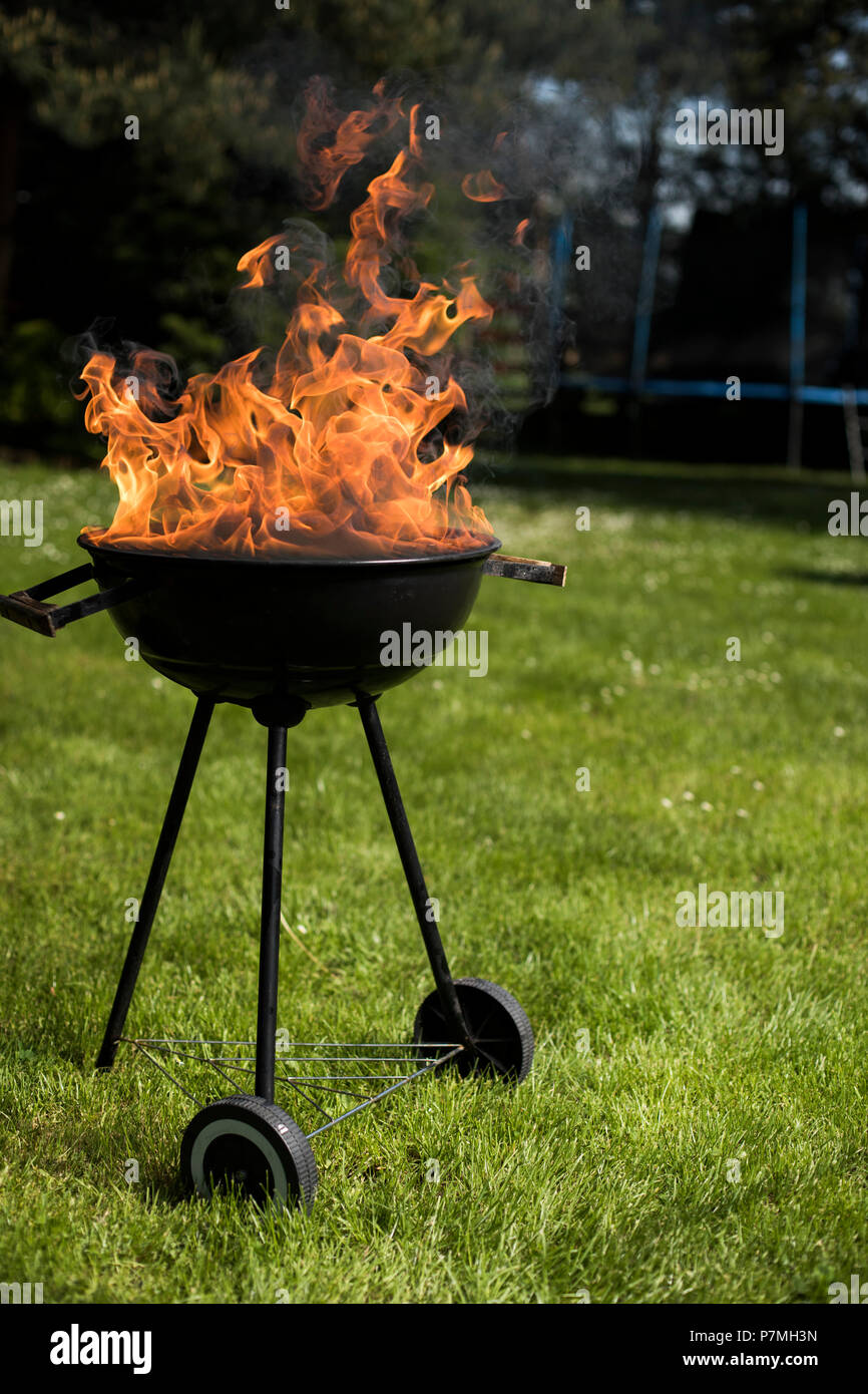 Concetto di grigliate estive, barbecue, fuoco sfondo Foto Stock