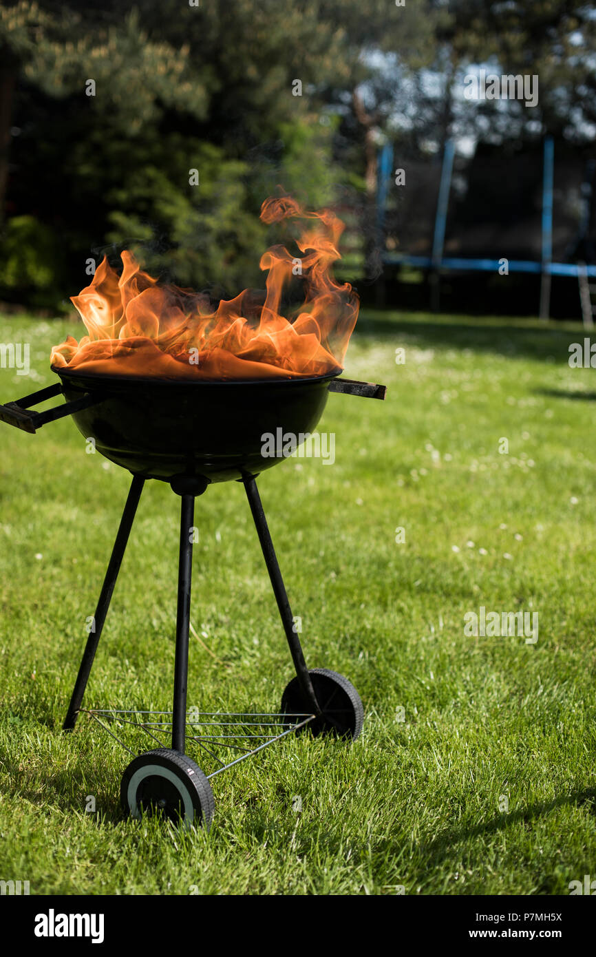 Concetto di grigliate estive, barbecue, fuoco sfondo Foto Stock