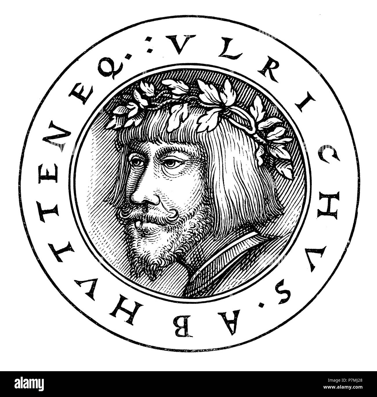 Hutten, Ulrich von (1488-1523), cavaliere imperiale e umanista. Ulrich von Hutten il ritratto di uno dei suoi opuscoli contro Erasmus. Dopo la copia della libreria dei librai tedeschi a Lipsia, 1881 Foto Stock