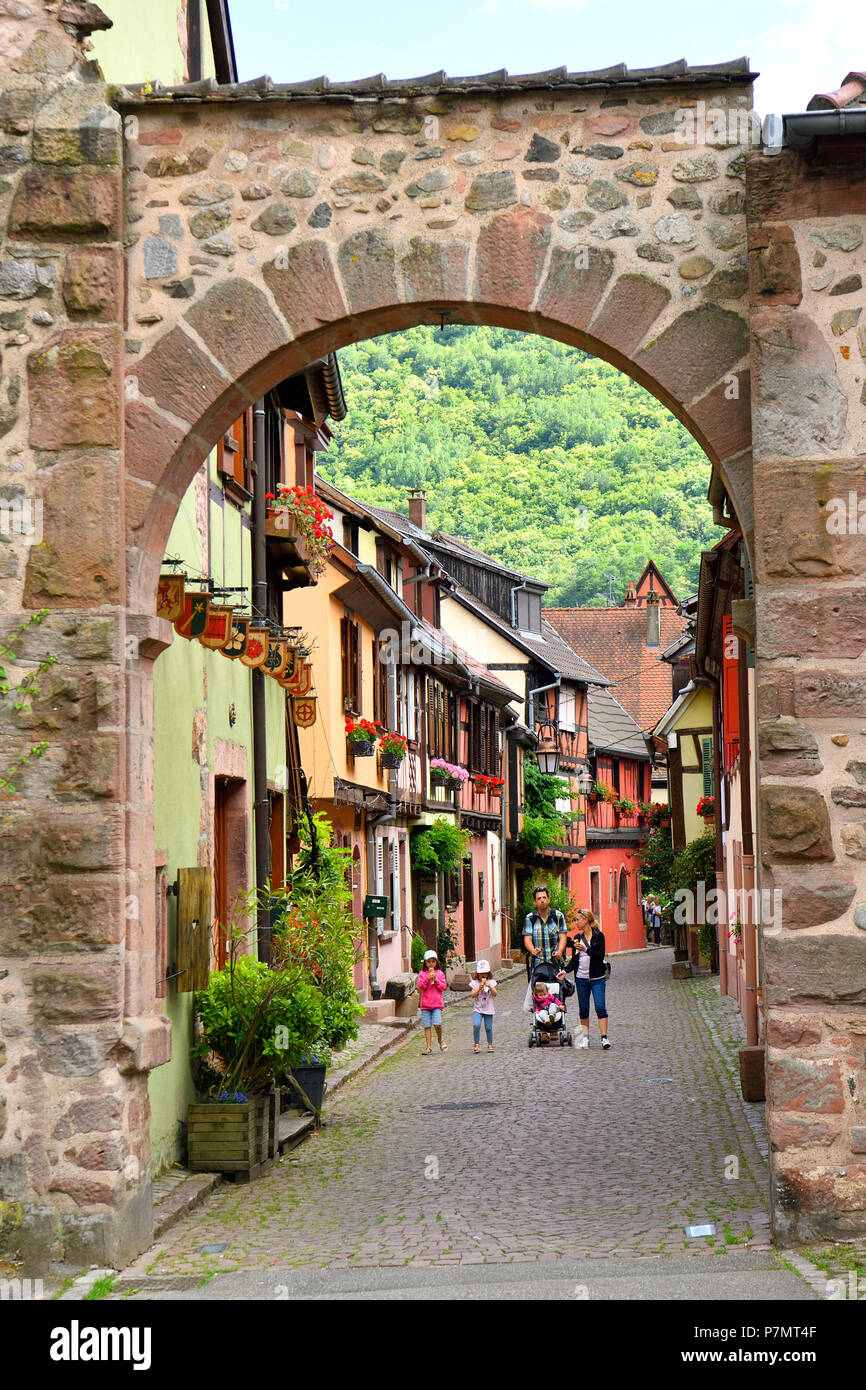 Francia, Haut Rhin, Alsazia strada del vino, Kaysersberg, rue des Forgerons, semi-timbering house Foto Stock