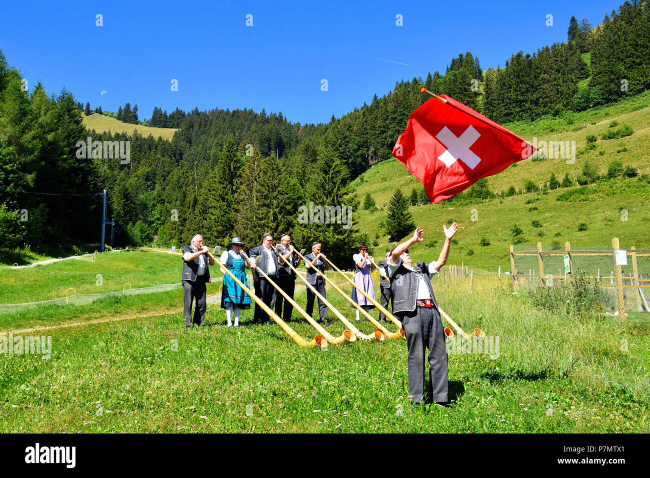 La Svizzera, nel Cantone di Friburgo, Gruyeres, corni, Alphorn giocatori Foto Stock