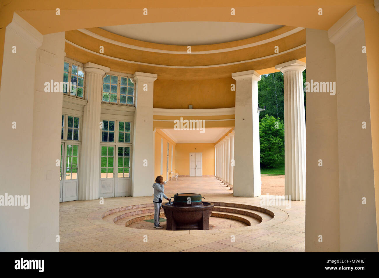 Repubblica ceca, Boemia occidentale, Marianske Lazne (Marienbad), città termale, il Ferdinando della fonte, classica pavilion nel parco Foto Stock