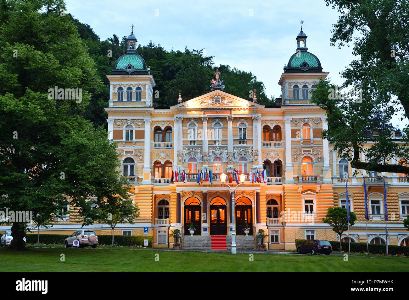 Repubblica ceca, Boemia occidentale, Marianske Lazne (Marienbad), città termale, hotel di lusso e nove Lázne, nuova spa Foto Stock