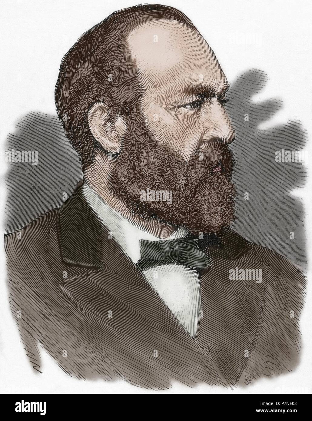 James Abram Garfield (1831-1881). Uomo politico americano, leader del partito repubblicano. Ventesimo Presidente degli Stati Uniti, a partire dal mese di Marzo 4, 1881, fino al suo assassinio nel corso dello stesso anno. Ritratto. Incisione. Colorati. Foto Stock