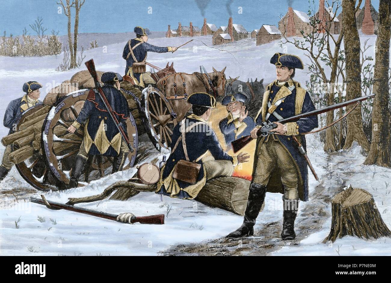 La guerra rivoluzionaria americana (1775-1783). Valley Forge. In Pennsylvania. Esercito continentale's camp in inverno, 1777-1778. Incisione. Colorati. Foto Stock