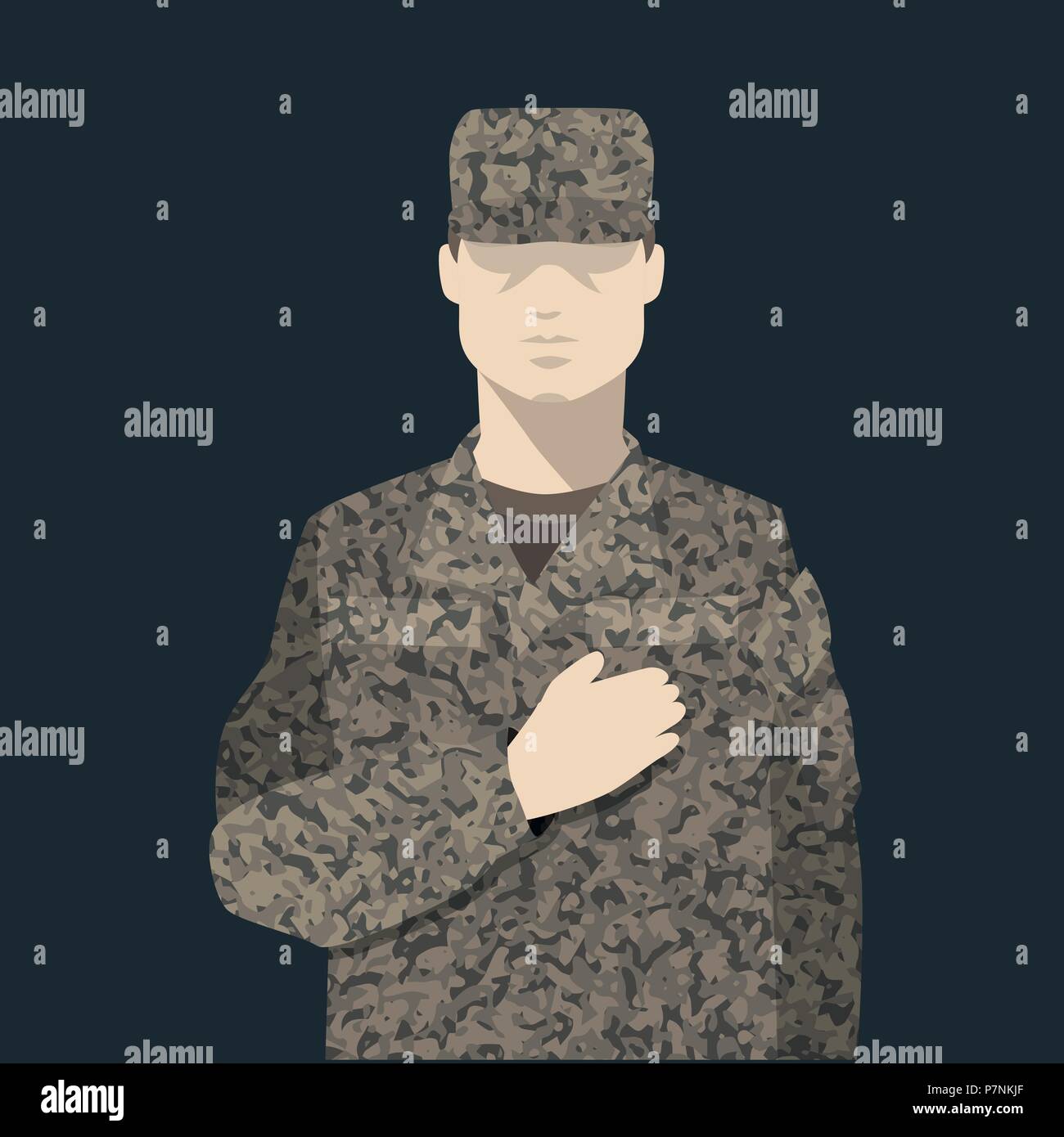 Soldato in uniforme di mimetizzazione, uomo soldato in uniforme. Piatto isolato in stile cartone animato. Illustrazione Vettoriale. Illustrazione Vettoriale