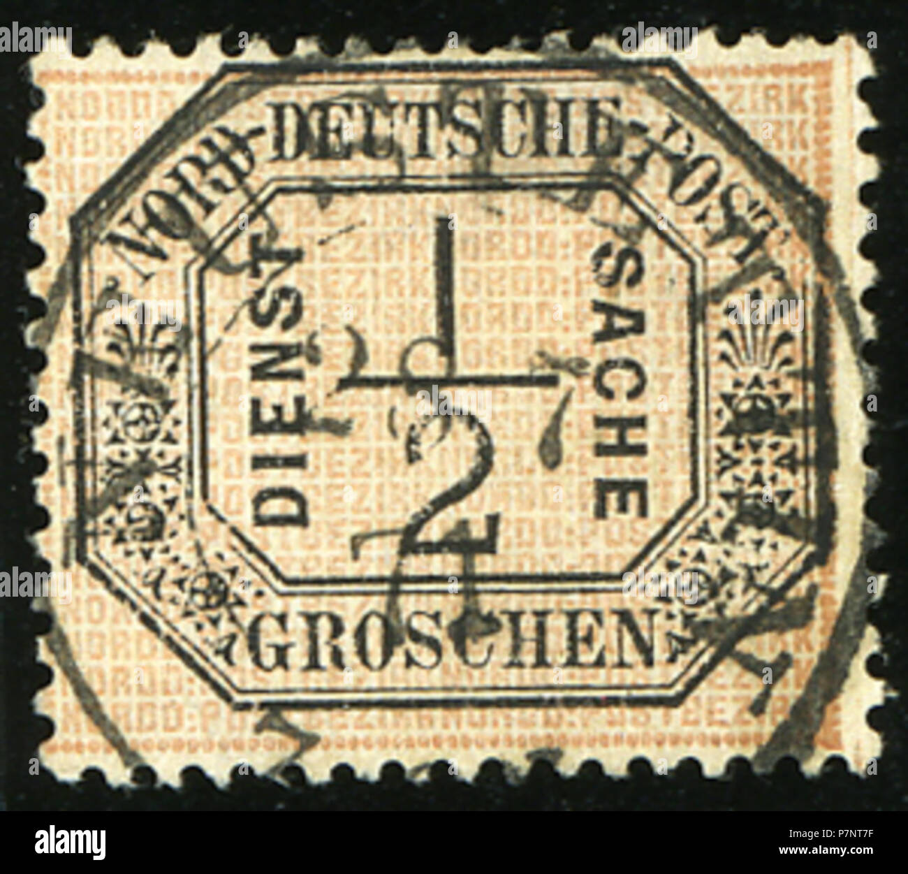 Inglese: Nord confederazione tedesca timbro ufficiale, rilasciato nel 1870, Metà Groschen, annullato NEUSTETTIN (Szeczecinek, Polonia) nel 1871. 1870 3 1870 NDPB MiD2 Neustettin Szeczecinek Foto Stock