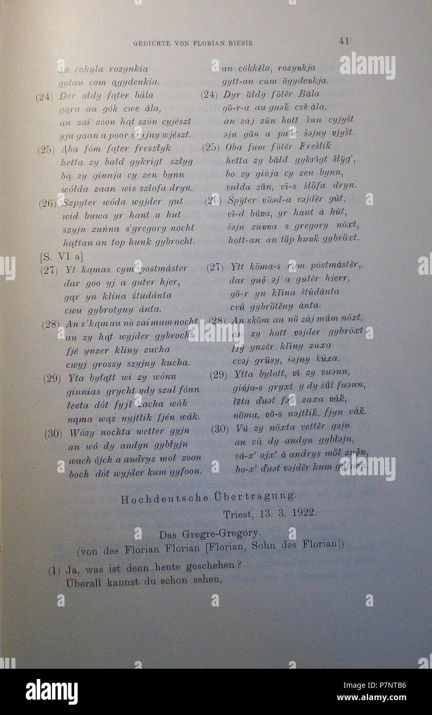 Polski: Strona z ksiki Heinricha Andersa Gedichte von Florian Biesik in der Mundart von Wilamowice . 1933 189 Heinrich Anders - Gedichte von Florian Biesik in der Mundart von Wilamowice strona 41 Foto Stock