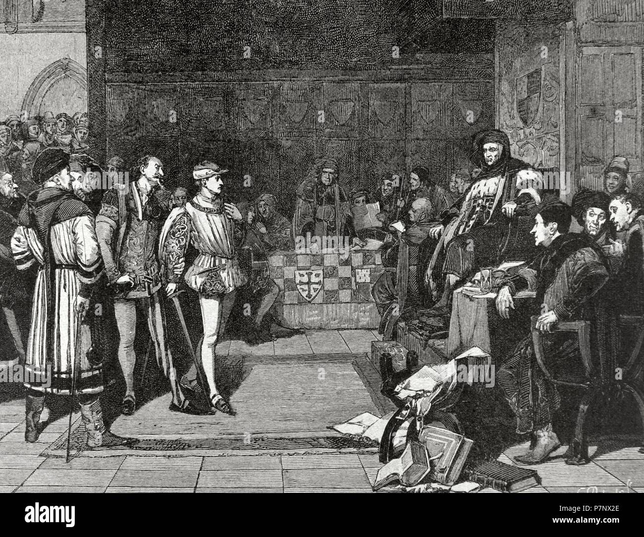 Enrico V d'Inghilterra (1387-1422). Re d'Inghilterra. Il Principe di Galles (futuro Enrico V) prima di giudicare Gascoigne. Incisione di C. Roberts dopo la pittura di Glindoni. La illustrazione iberica (La Ilustracion iberica), 1885. Foto Stock