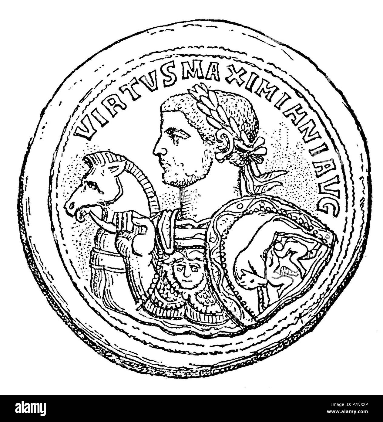 Medaglione di bronzo con immagine di Maximianus. Dopo Fröhner, Fröhner 1899 Foto Stock