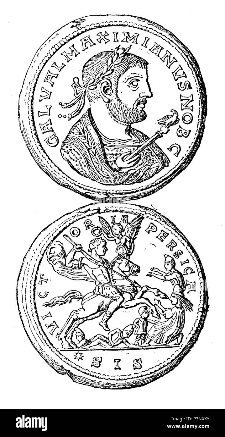 Medaglione di bronzo con immagine di Galerio. Sul retro della campagna contro il re persiano Narses. Per Friedlander, 1899 Foto Stock