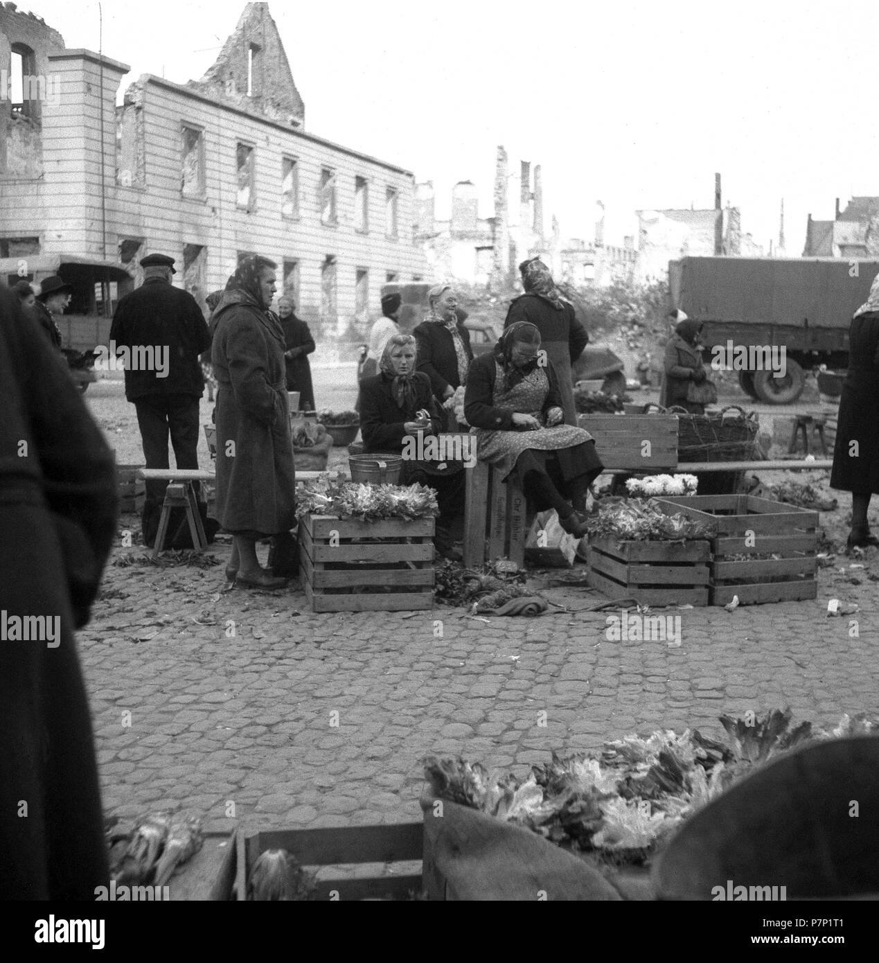Venditori di fiori sono in attesa per i clienti, in background: Rovine di Friburgo, Freiburger Münstermarkt, circa Da 1945 a 1955 Foto Stock