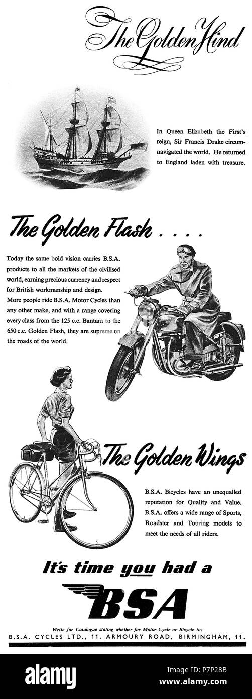 1953 British pubblicità per B.S.A. Motocicli e biciclette. Foto Stock