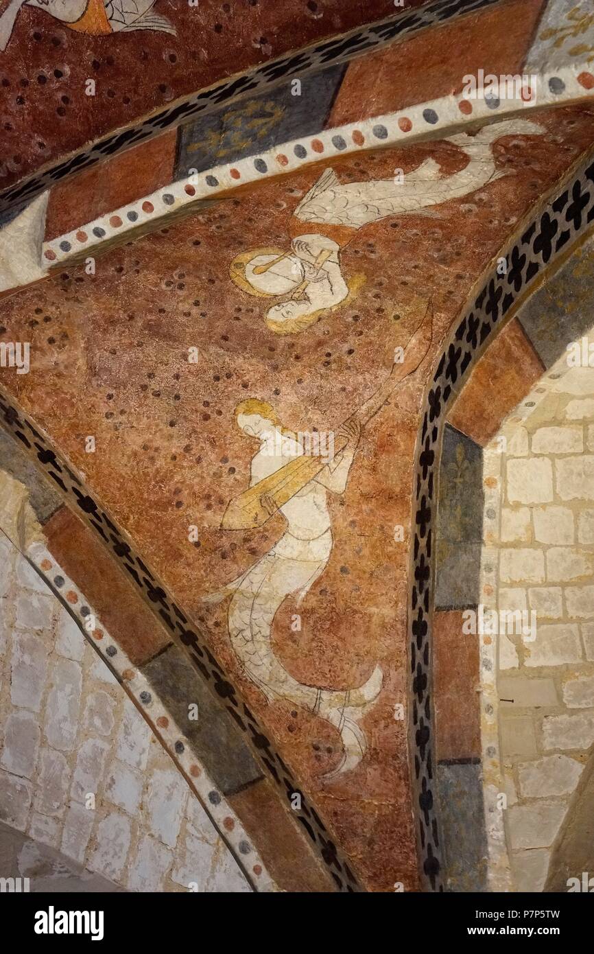 DETALLE DE AFFRESCHI CON IMAGENES DE SIRENAS, EN EL MUSEO DEPARTAMENTAL DE L'OISE BEAUVAIS, Francia. Foto Stock