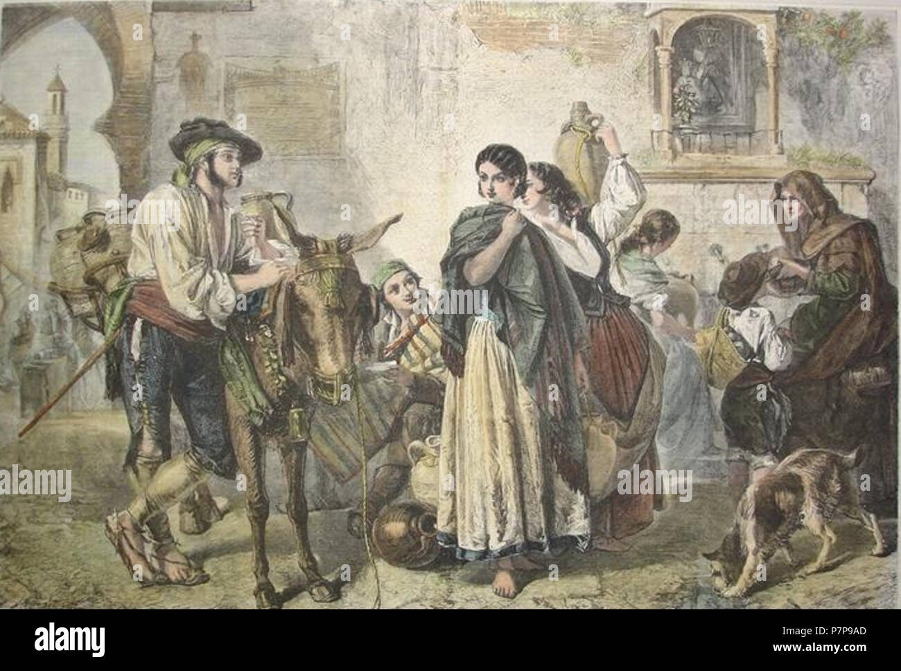Español: Obra titulada 'Cotilleos en el pozo', ambientada en la Sevilla del siglo XIX. Se Se trata de n.a. xilografía coloreada una mano basada en onu Cuadro de J. Philips. Procedere de periódico onu alemán. circa 1870 98 Cotilleos en el pozo Foto Stock