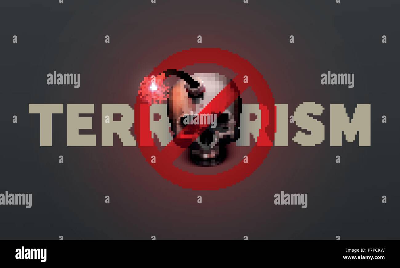 Stock illustrazione vettoriale fermare il terrorismo poster, striscioni. Bomba realistico teschio umano. Un attentatore suicida. Il terrorismo - una minaccia per la Pace Mondiale concetto. EPS10 Illustrazione Vettoriale