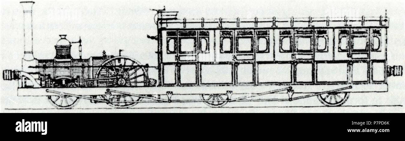 Il vapore railmotor Enfield, costruita al Fairfield locomotore opere di William Bridges Adams in prua, Inghilterra, nel 1849 (nota le flange sulle ruote esterne solo - immagine dalla rivista contemporanea) . 2006 146 Enfield ponti Adams railmotor vapore Foto Stock