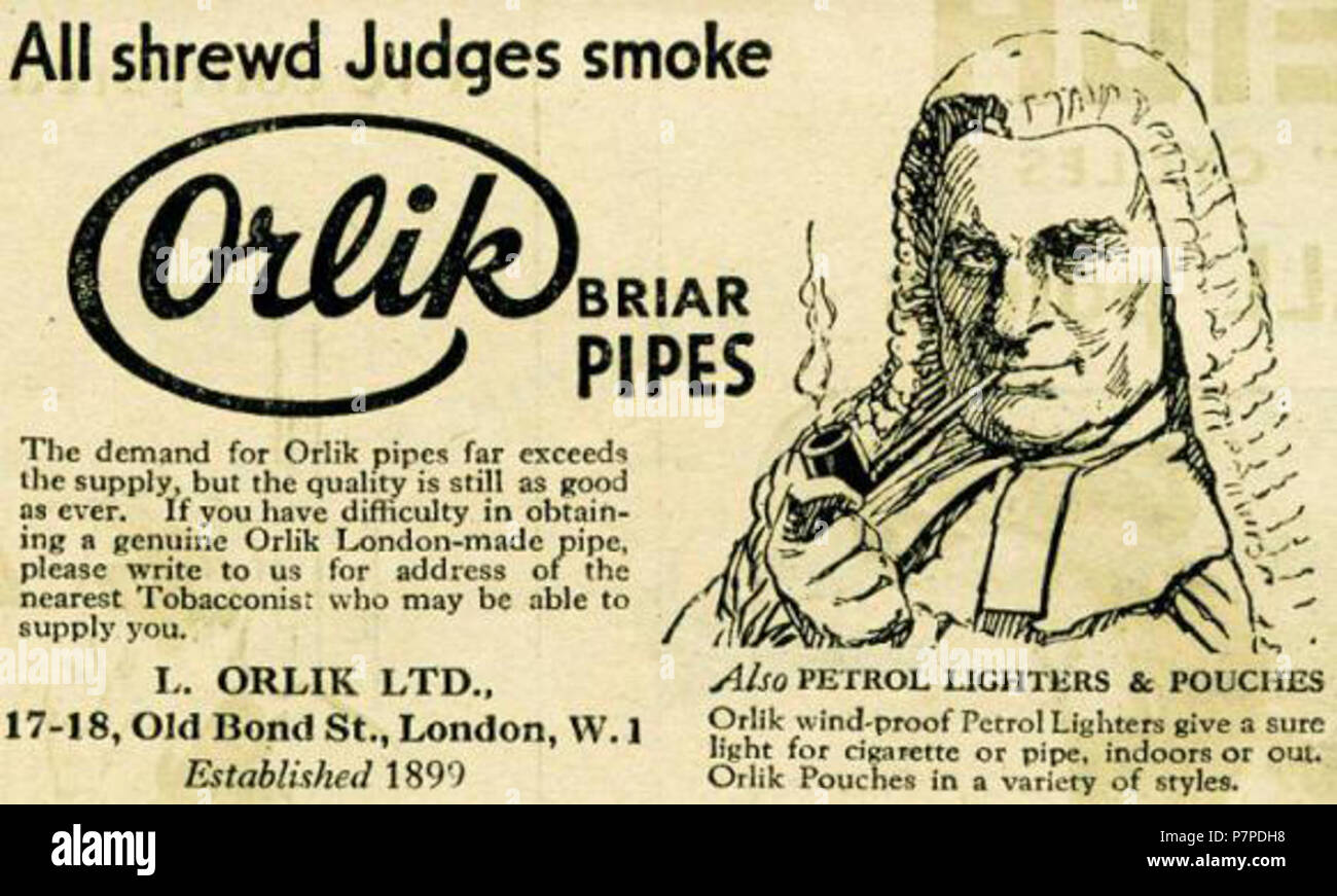 Pubblicità per la Orlik pipe company, mostrando il loro marchio giudice figura. circa 1920 295 tubi Orlik annuncio Foto Stock