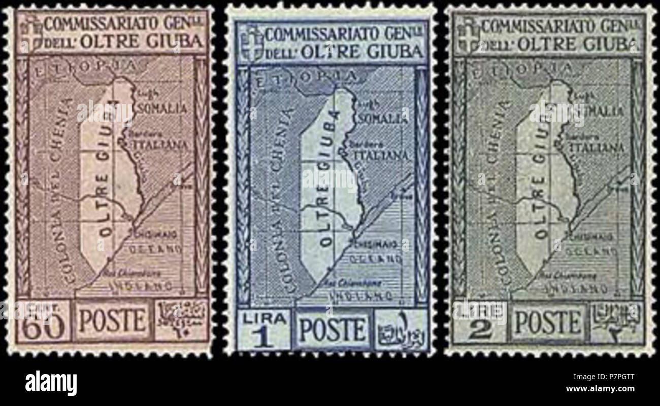 Inglese: Jubaland (Trans-Juba/Oltre Giuba) francobolli che mostra mappe della colonia Türkçe: Zaman Amn Uram Devlet Mal . 1926 223 JubalandPostageStamps Foto Stock