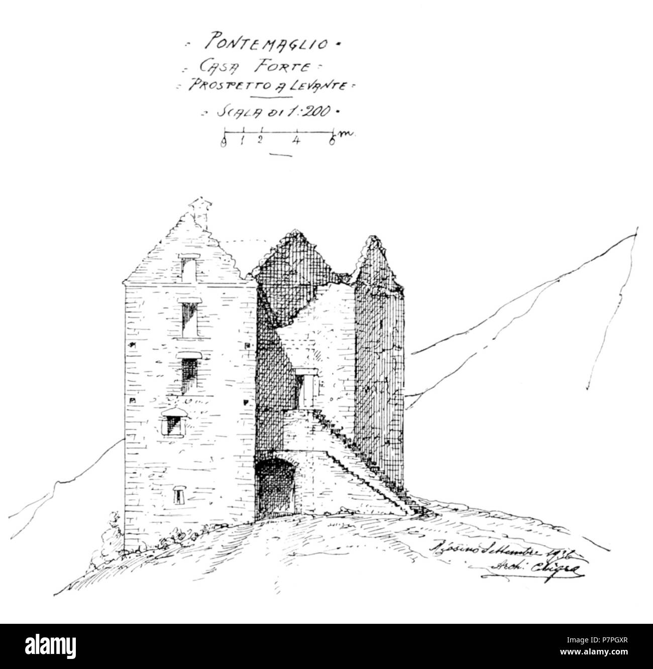 Italiano: Casa forte di Pontemaglio, prospetto a levante. prima di 1937 159 Fig 21 bis, casa forte di pontemaglio, prospetto a levante, p140, dis nigra, nigra il novarese Foto Stock