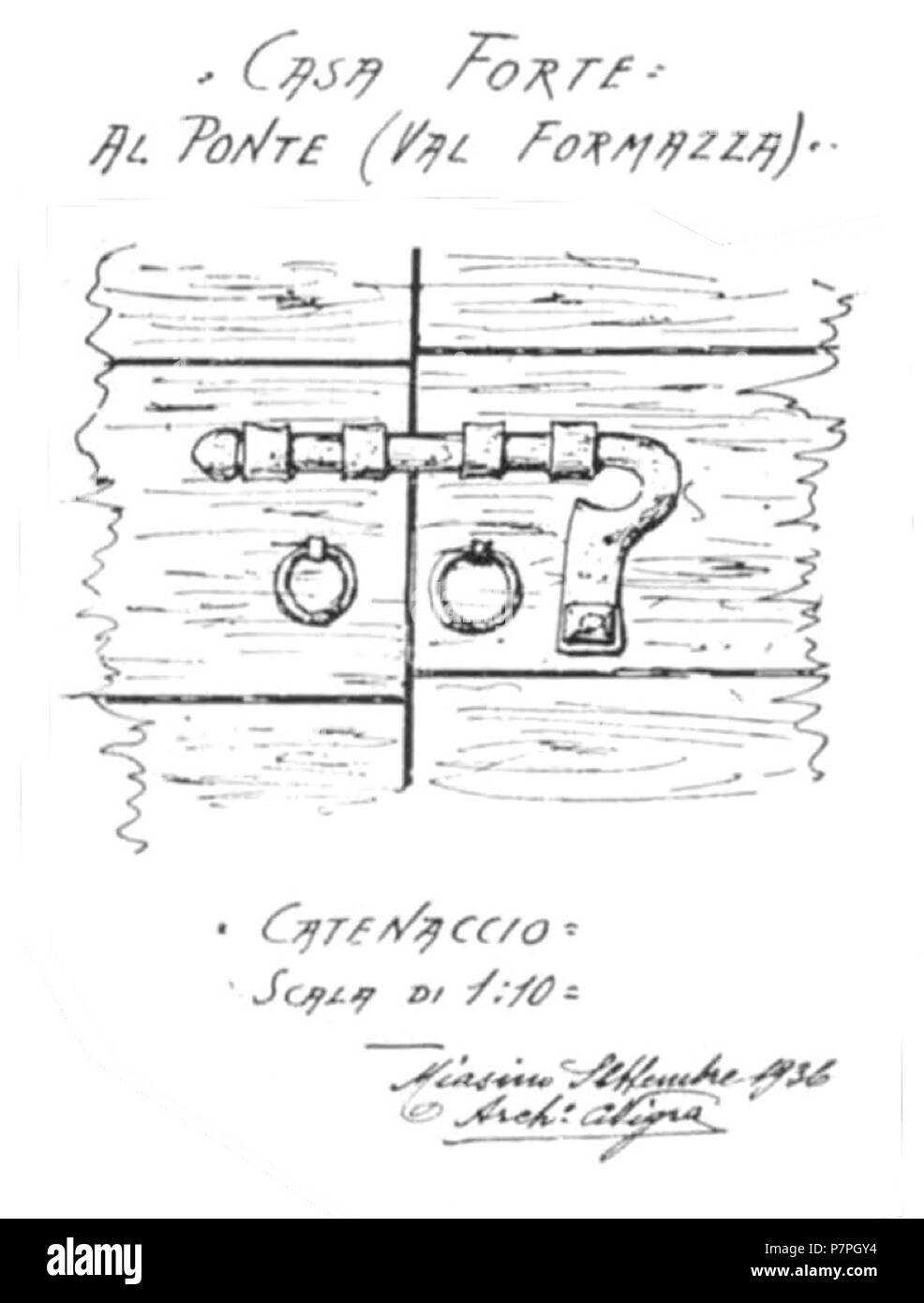 Italiano: Casaforte al ponte, Val Formazza (Casa Forte di Ponte Formazza): catenaccio. Settembre 1936 159 Fig 31, casaforte al ponte, val Formazza, catenaccio, p145, dis nigra, nigra il novarese Foto Stock