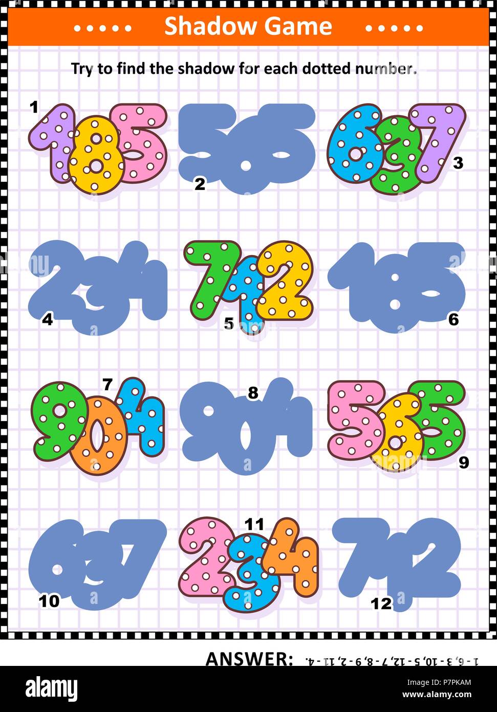Ombra educativo matching puzzle matematici o di un gioco per bambini con colorati numeri tratteggiata. Risposta inclusa. Illustrazione Vettoriale