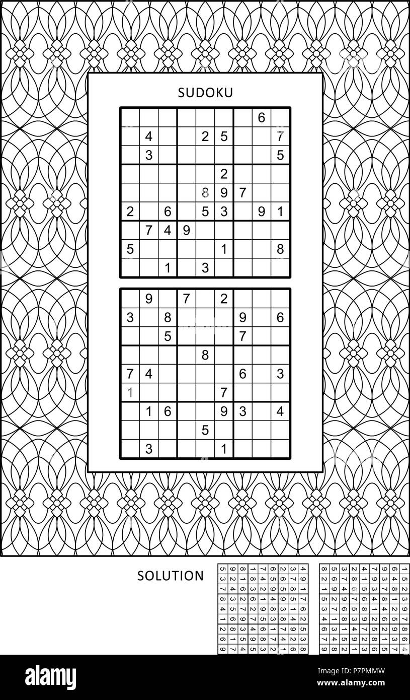 Puzzle e colorazione pagina attività per adulti con due puzzle di sudoku di livello Confortevole e ampia cornice decorativa per colore. Famiglia amichevole. Illustrazione Vettoriale