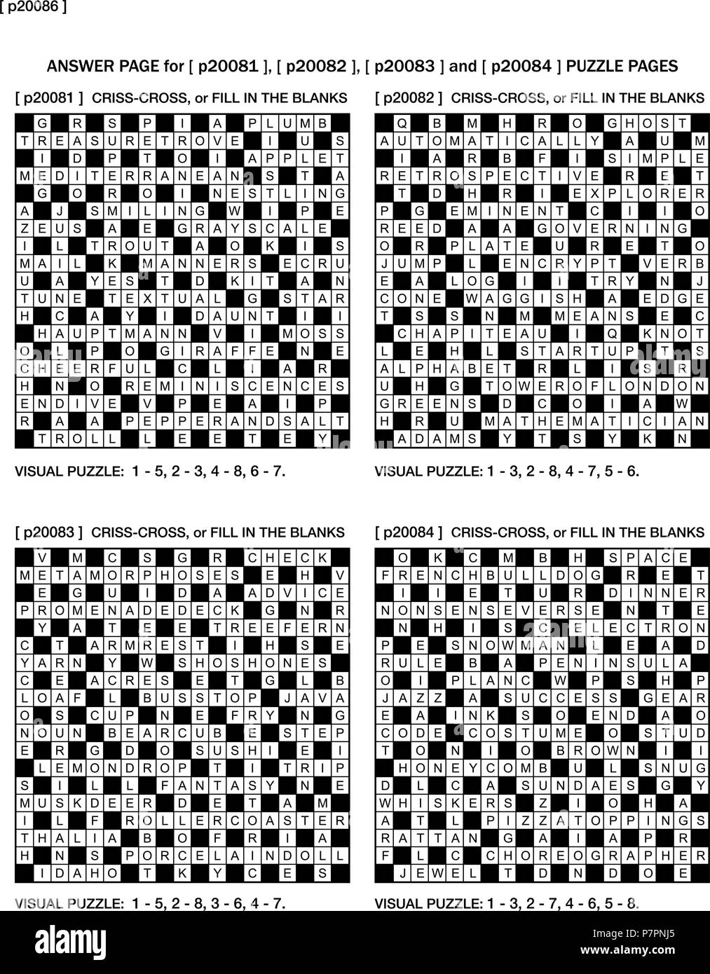 Pagina di risposta per i precedenti quattro pagine di puzzle con riempimento in cruciverba e visual indovinelli Illustrazione Vettoriale