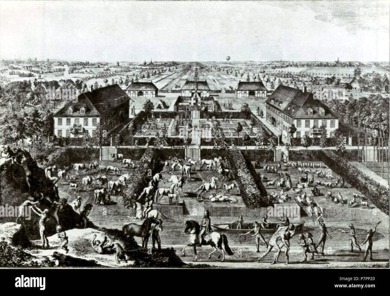 Deutsch: Idealansicht der Erziehungsanstalt von Joachim Heinrich Campe martello am Deich 1777-83, Radierung von Daniel Chodowiecki . prima di 1801 211 J. H. Campe Hammerdeich Foto Stock