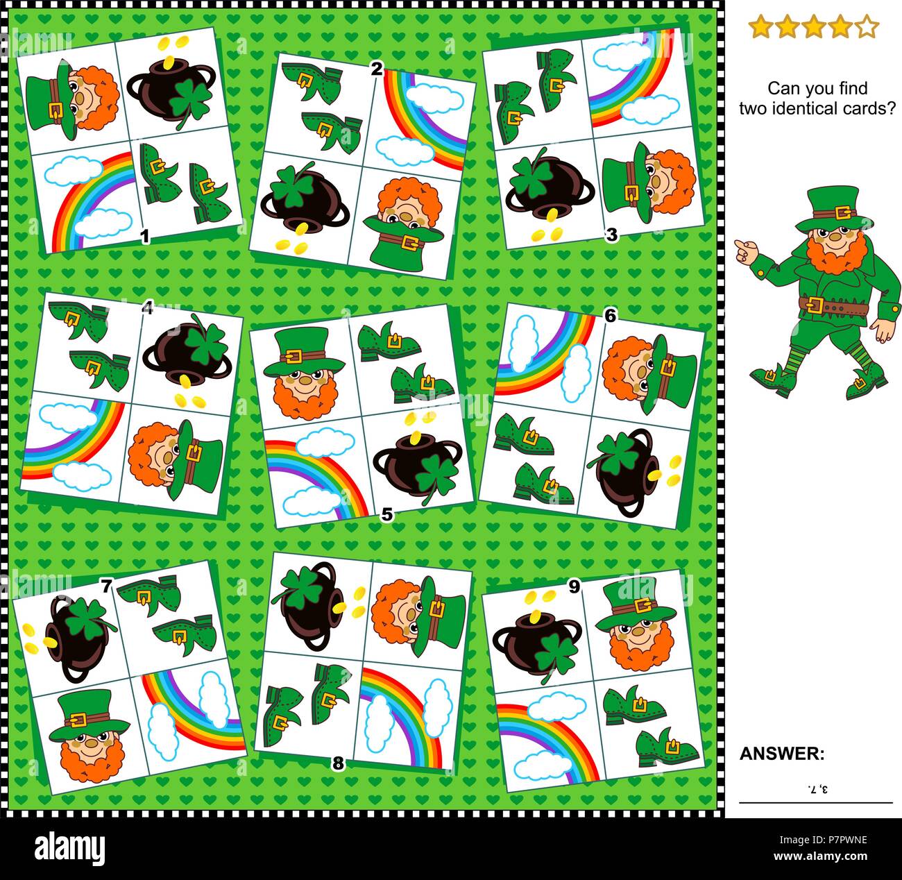 Visual logic puzzle per il giorno di San Patrizio a tema: trovare le due carte uguali. Adatto sia per i bambini che per gli adulti. Risposta inclusa. Illustrazione Vettoriale