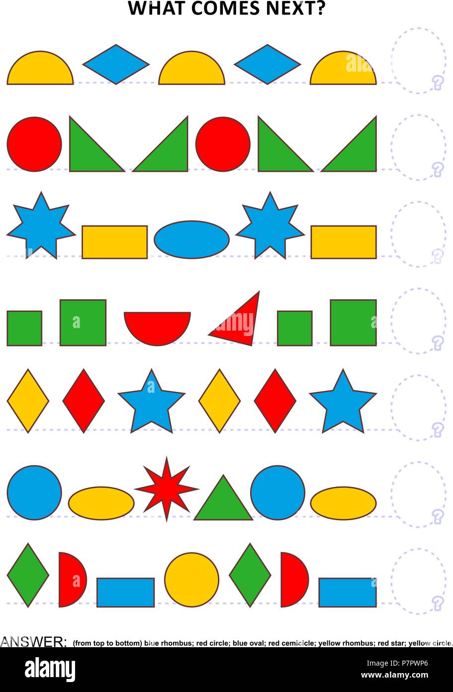 Forme e colori educativi a tema gioco di logica sequenziale di formazione il riconoscimento del modello di competenze: Qual è il prossimo passo da compiere in sequenza? Risposta inclusa. Illustrazione Vettoriale