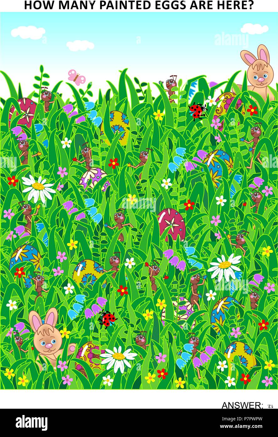 Pasqua a tema di dimensioni di pagina visual math puzzle per imparare il conteggio con divertimento: quante uova dipinte sono qui? Risposta inclusa. Illustrazione Vettoriale